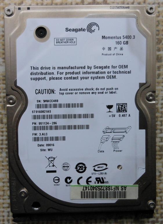 Жесткий диск Seagate 160GB 5400rpm SATA, 2.5" на запчасти